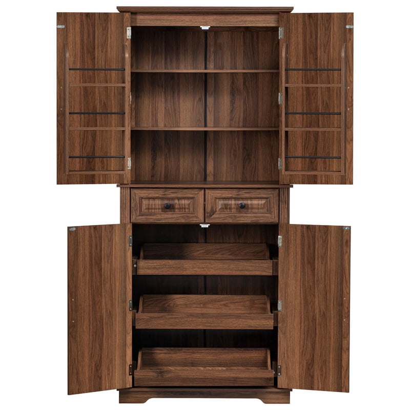 Farmhouse Kitchen Pantry Cabinet with 3 Pull Out Cabinet Organizers, Tall Kitchen Storage Cabinet with 2 Drawers, Freestanding Kitchen Cupboard with 6 Door Shelves