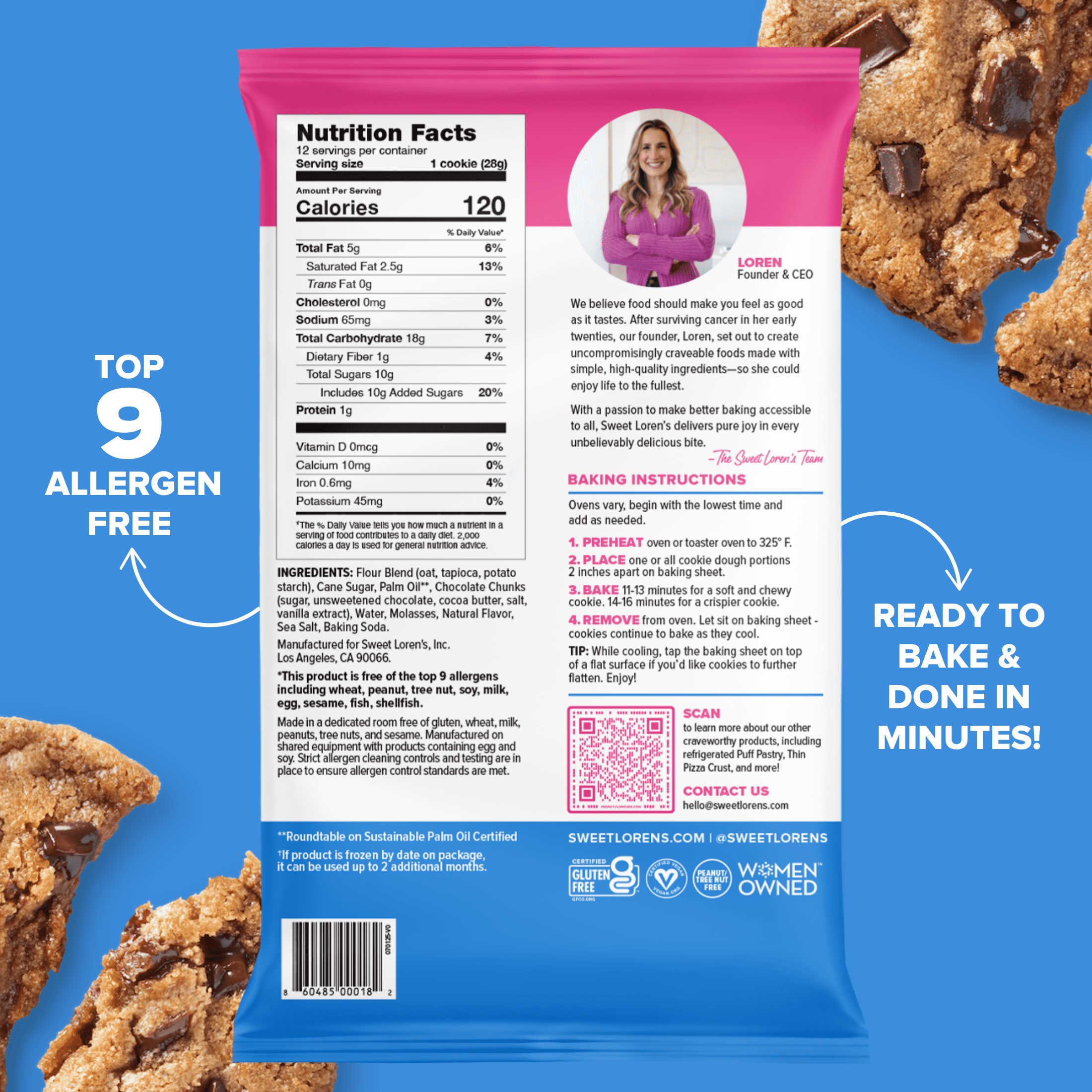 Sweet Loren's Ready to Bake Chocolate Chunk Cookie Dough, Gluten Free & Vegan, Top 9 Allergen Free, 12 oz