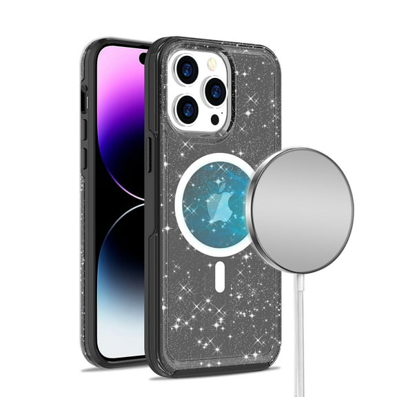 For Apple iPhone 14 Pro (6.1") Transparent Glitter Shiny Sparkle Bling Compatible with MagSafe wireless charger TPU Frame Cover ,Xpm Phone Case [ Black ]