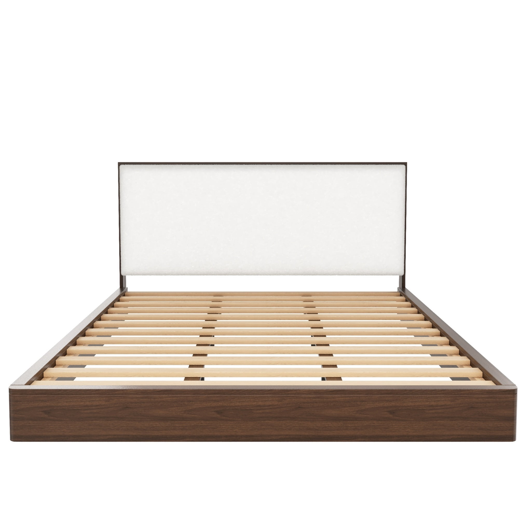Euroco Wood King Size Platform Bed with Bouclé Upholstered Headboard, No Box Spring Needed, Walnut