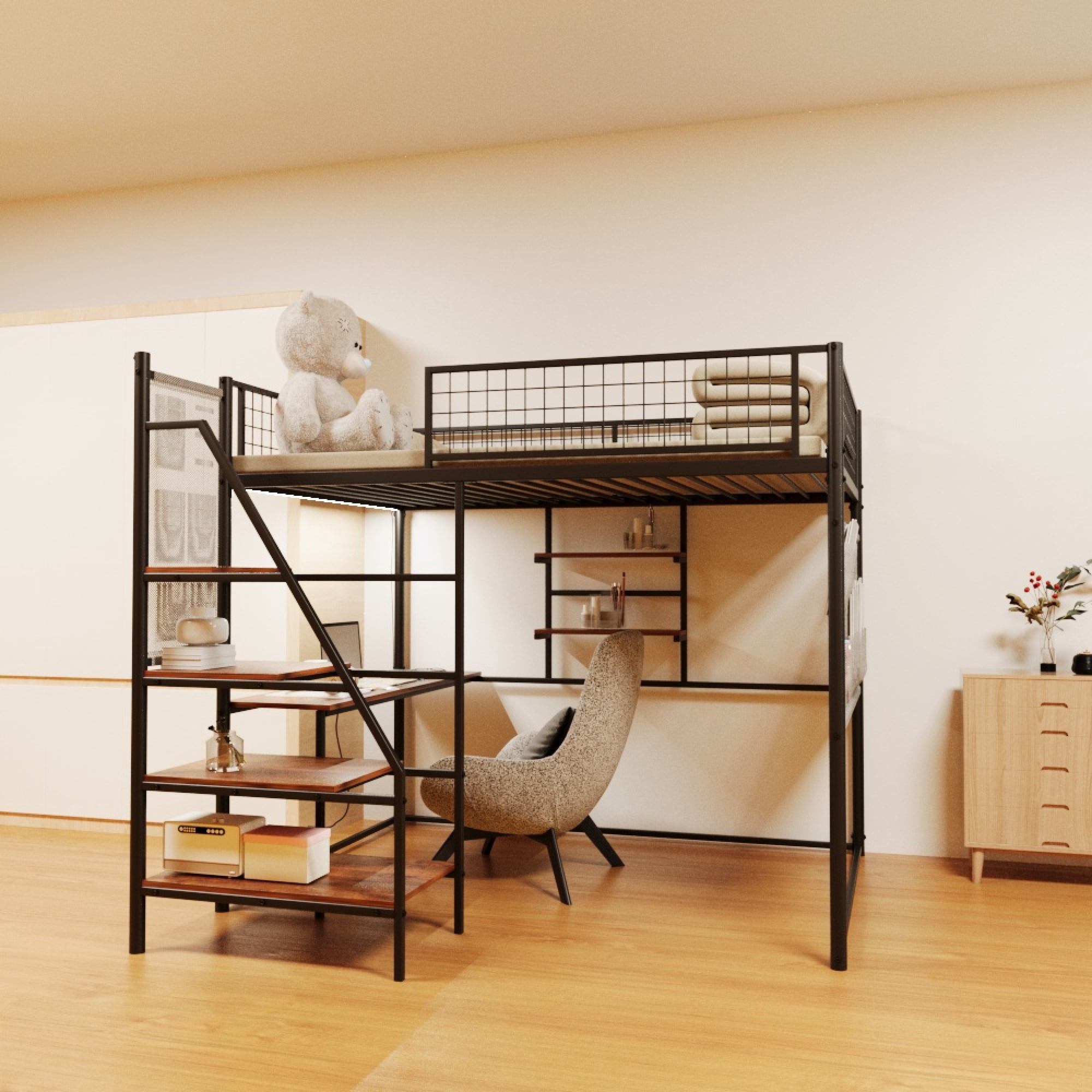 Leumius Full Size Loft Bed with Desk and Storage Stairs,Heavy Duty Metal Bed Frame with LED Lights and Charging Station,Nosie-Free,No Spring Box Needed,Black