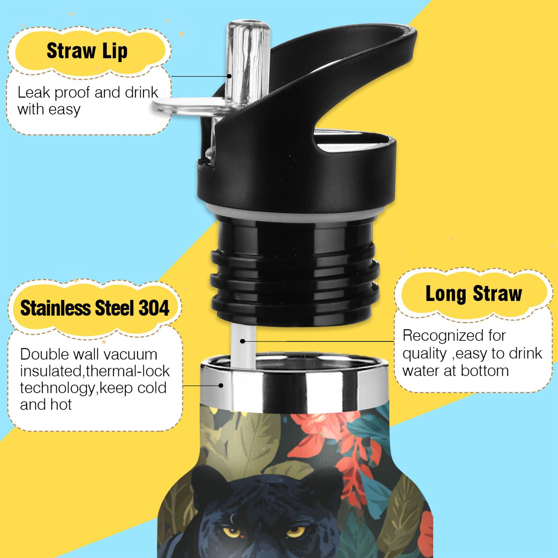 Kids Insulated Stainless Steel Sports Water Bottle 600ml (20oz) Black Leopard in The Jungle