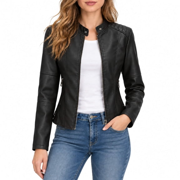 AZoiNM Women's Slim Fit Motorcycle Jacket PU Leather Stand Collar Zipper Front