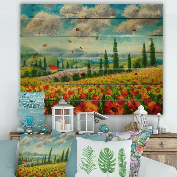 Designart 'Beautiful Landscape With Poppies Flowers By Riverside' Traditional Print on Natural Pine Wood