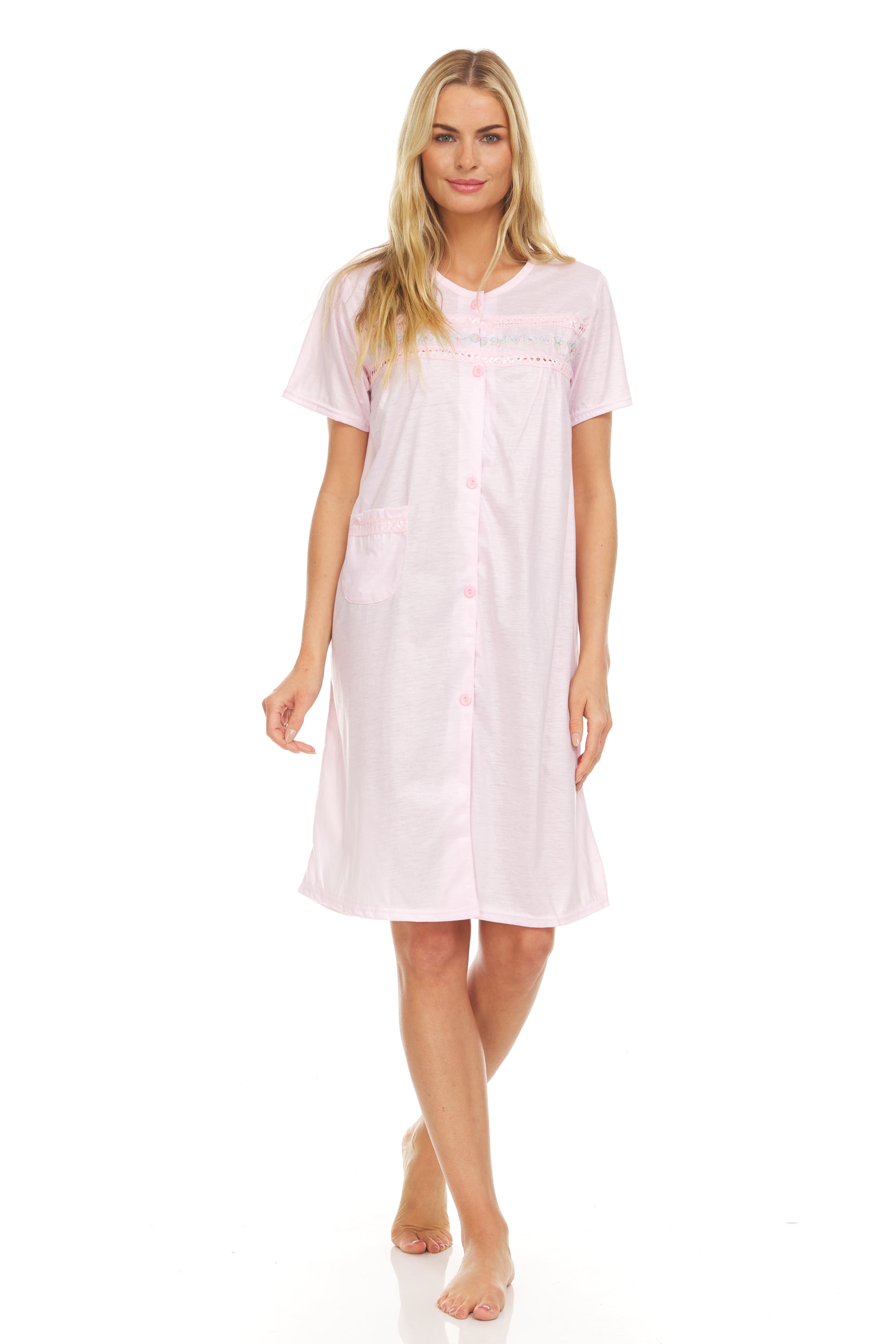 Ezi Womens Short Sleeve Cotton Rich Button Down Nightgown House Dress With Embroidery Detail