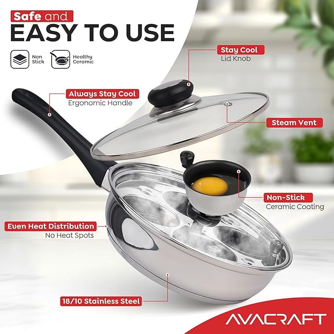 AVACRAFT Egg Poacher, Stainless Steel Egg Poaching Pan, Poached Eggs Cooker