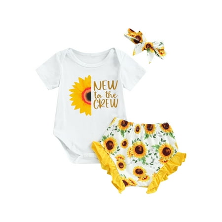 

Newborn Baby Girls Summer Outfit Fly Sleeve Sunflower Romper Ruffle Shorts Headband 3Pcs Clothes Set 12-18 Months
