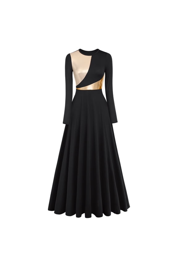 Women Metallic Bi Color Praise Dance Dress Long Sleeve Lyrical Dancewear Worship Robe Dress
