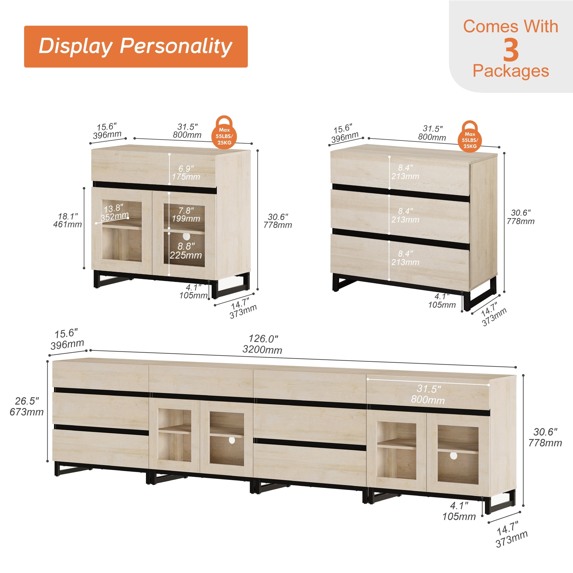 Modern 4-in-1 Sideboard Buffet Cabinet, Storage Credenza with 8 Drawers, Adjustable Shelf and Tempered Glass Doors, Metal Base Coffee Bar Cabinet for Home Decor,Beige