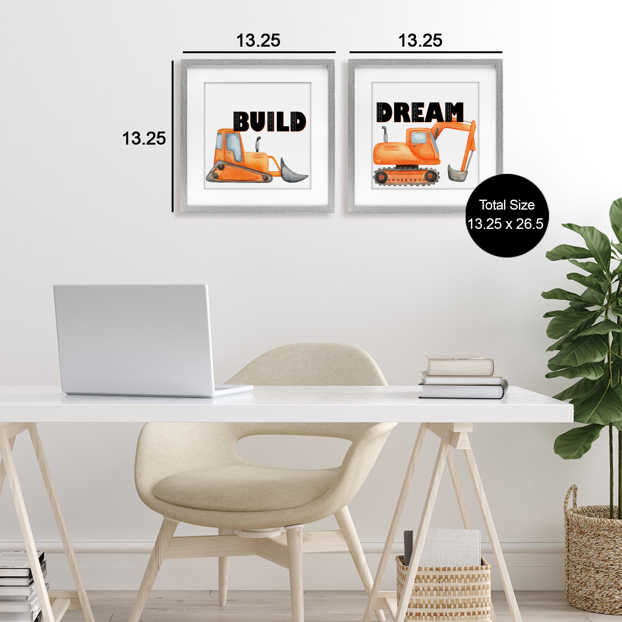 Build & Dream Construction Vehicles 2 Piece Gray Framed Print Under Glass Set, design by Kim Allen