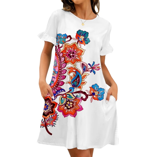 Innerwin Robe d'Été Courte Mini Boho Tunique Décontractée t-Shirt Robe Blanche Positionnement Fleur de Cajou m