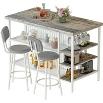 LinkRomat 3-Piece Kitchen Island Set, 47" Dining Table with 5 Storage Shelves & 2 PU Stools, Compact for Small Spaces, Gray
