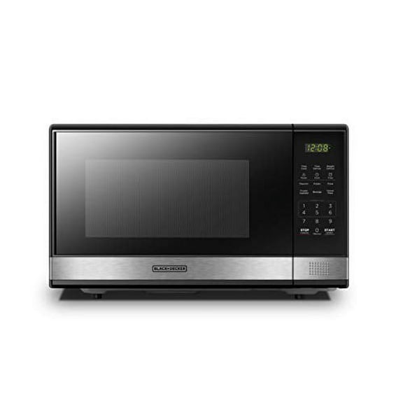 BLACK DECKER EM031MB11 Digital Microwave Oven with Turntable Push-Button Door, Child Safety Lock, 1000W, 1.1cu.ft, Black & Stainless Steel, 1.1 Cu.ft
