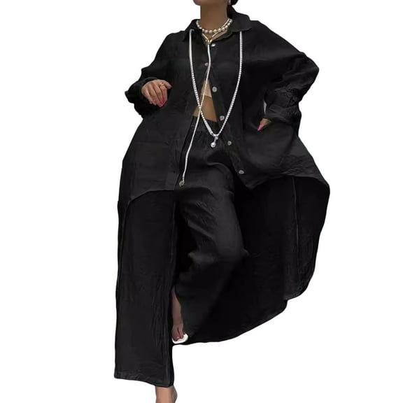 2 Pcs/Set Fall Spring Women Shirt Pants Set Long Sleeves Lapel Lace Cuff Button-down Irregular Hem Blouse Elastic Waist Trousers OL Commuting Sport Pantsuit Outfit