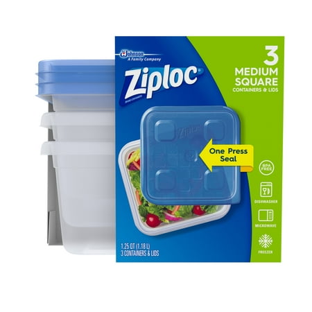 (3 pack) Ziploc Container with One Press Seal, Medium Square, 3