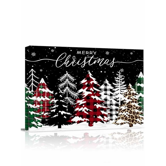 Merry Christmas Winter Canvas Print Wall Art Framed Canvas Art Wall Decor Red Green Plaid Leopard Xmas Tree Black Pictures Painting Morden Artwork for Living Room Bedroom, Ready to Hang - 12"x16"