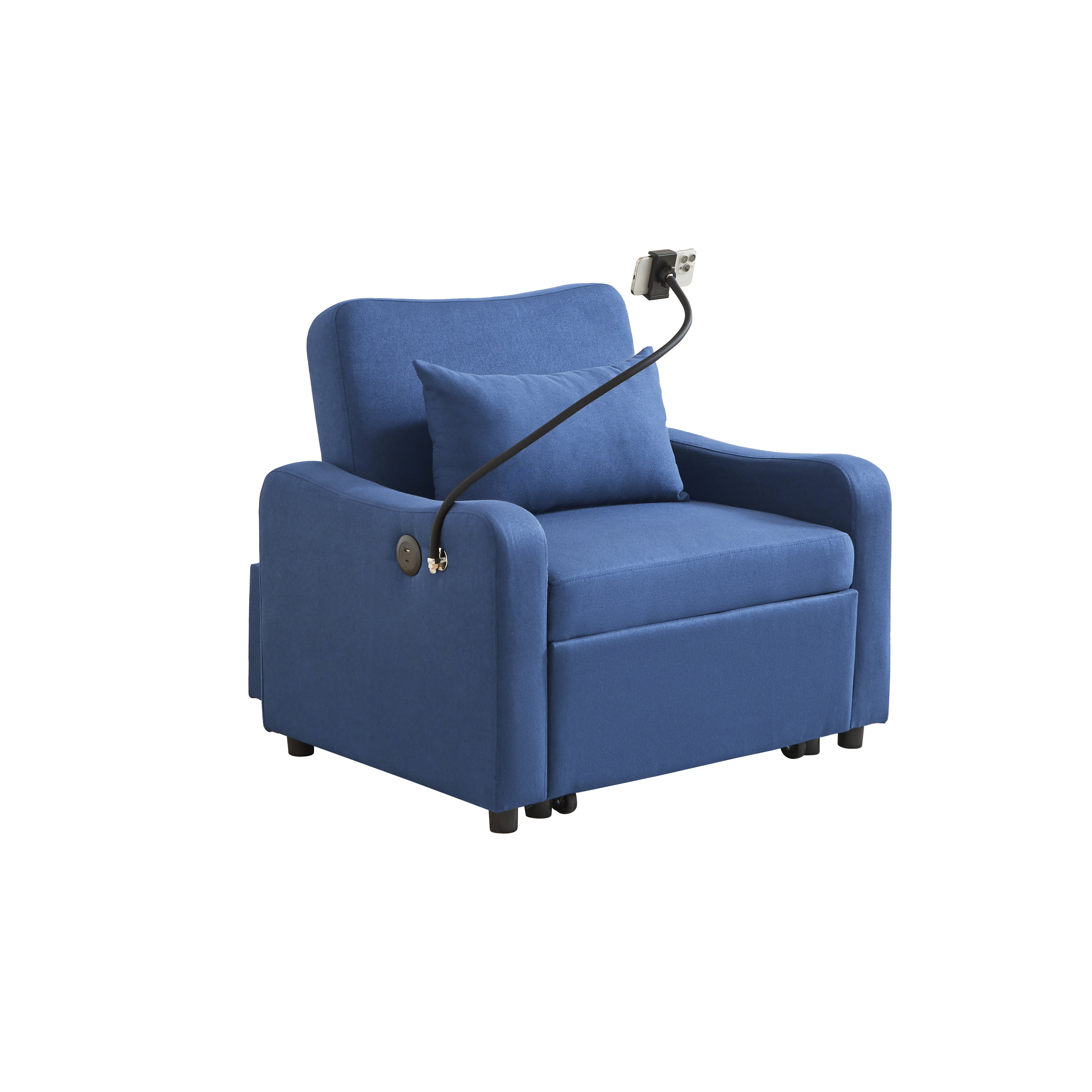 Leumius Convertible Sleeper Sofa Chair Bed,3 in 1 Linen Single Sofa with USB Port and Phone Holder,Pull Out Couch Recliner with Adjustable Backrest for Living Room, Office, Small Place,Dark Blue