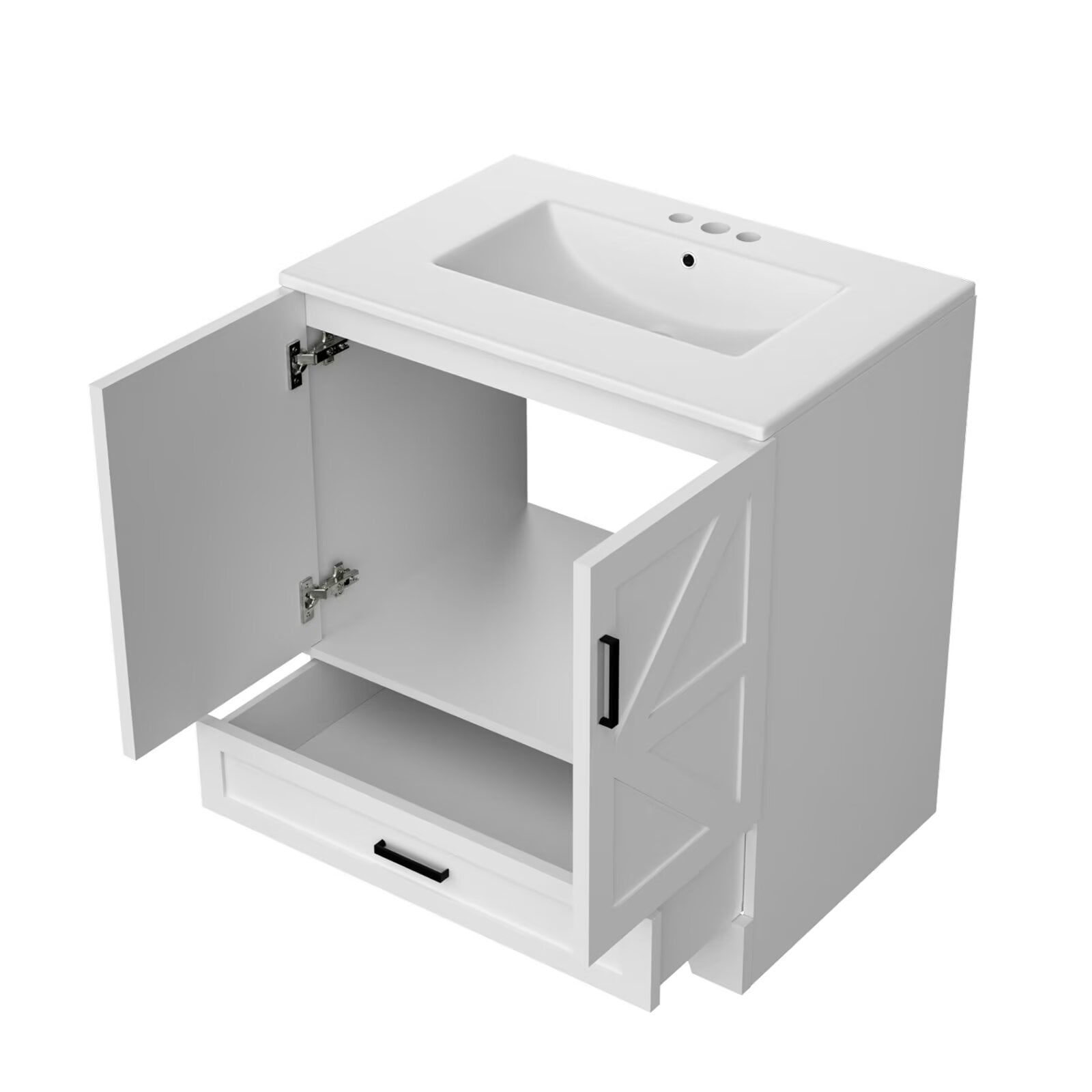 30" Farmhouse Bathroom Vanity with Ceramic Sink, Floor Standing Single Basin Vanity Set, Bathroom Cabinet with Drawer 2 Soft Closing Doors and Metal Handle, White