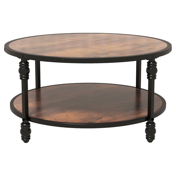 Mesa de centro redonda de 77,5 cm, diseño rústico con estante de almacenamiento, estructura metálica tipo columna romana, 2 niveles, fácil montaje, ideal para sala de estar