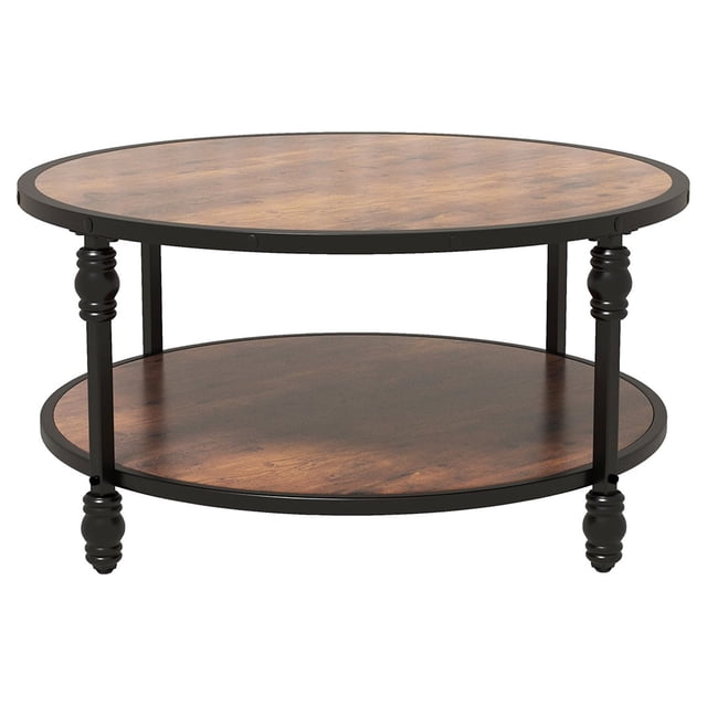 Rustic 2-Tier Round Coffee Table with Open Storage Shelf – Sturdy Metal Frame, Easy Assembly, Ideal for Modern & Farmhouse Decor, Small 30.5 Inch Classic Color