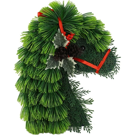 Christmas Wreath Horse Head, Artificial Pine Branches Wreath for Front Door, Christmas Garland Decor with Red Ribbon Decor Rustic Artificial Green Christmas Wreaths Farmhouse Wall Window Porch