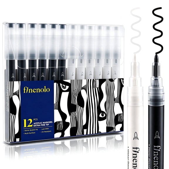 Finenolo Black and White Acrylic Paint Markers, 12 pack Fine Tip Acrylic Paint Pens for Highlights and Fine Details on Fabric, Stone, Wood, Canvas, Ceramic, Metal, Glass, Rock Painting, DIY Crafts