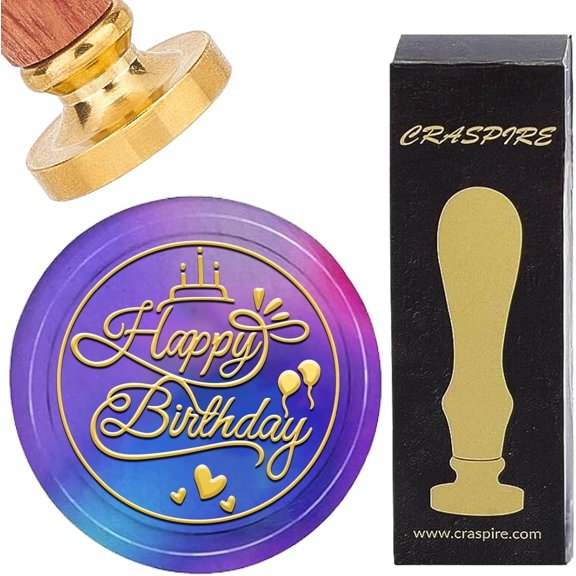 Happy Birthday Cake Wax Seal Stamps Vintage Removable Brass Sealing Stamp Head 25mm with Wooden Handle for Envelopes Invitations Cards Making DIY Craft Birthday Wedding Gift Wrapping