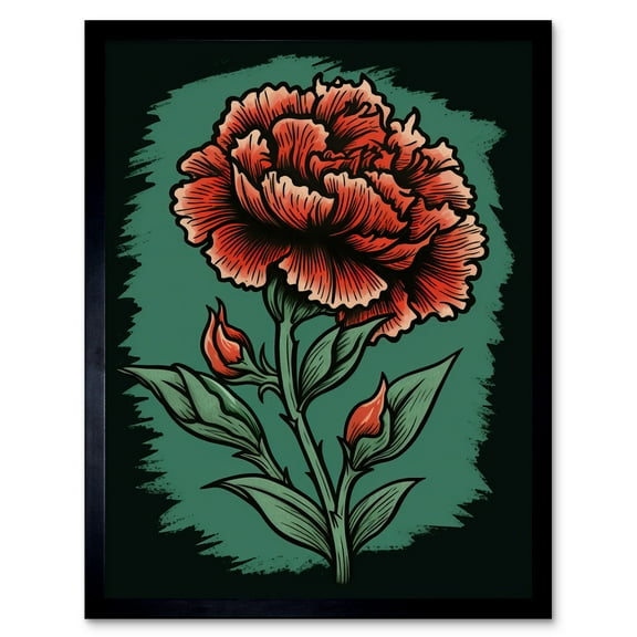 Carnation Flower Old School Tattoo Ink Body Art Rockabilly Americana 50s Art Print Framed Poster Wall Decor 12x16 inch