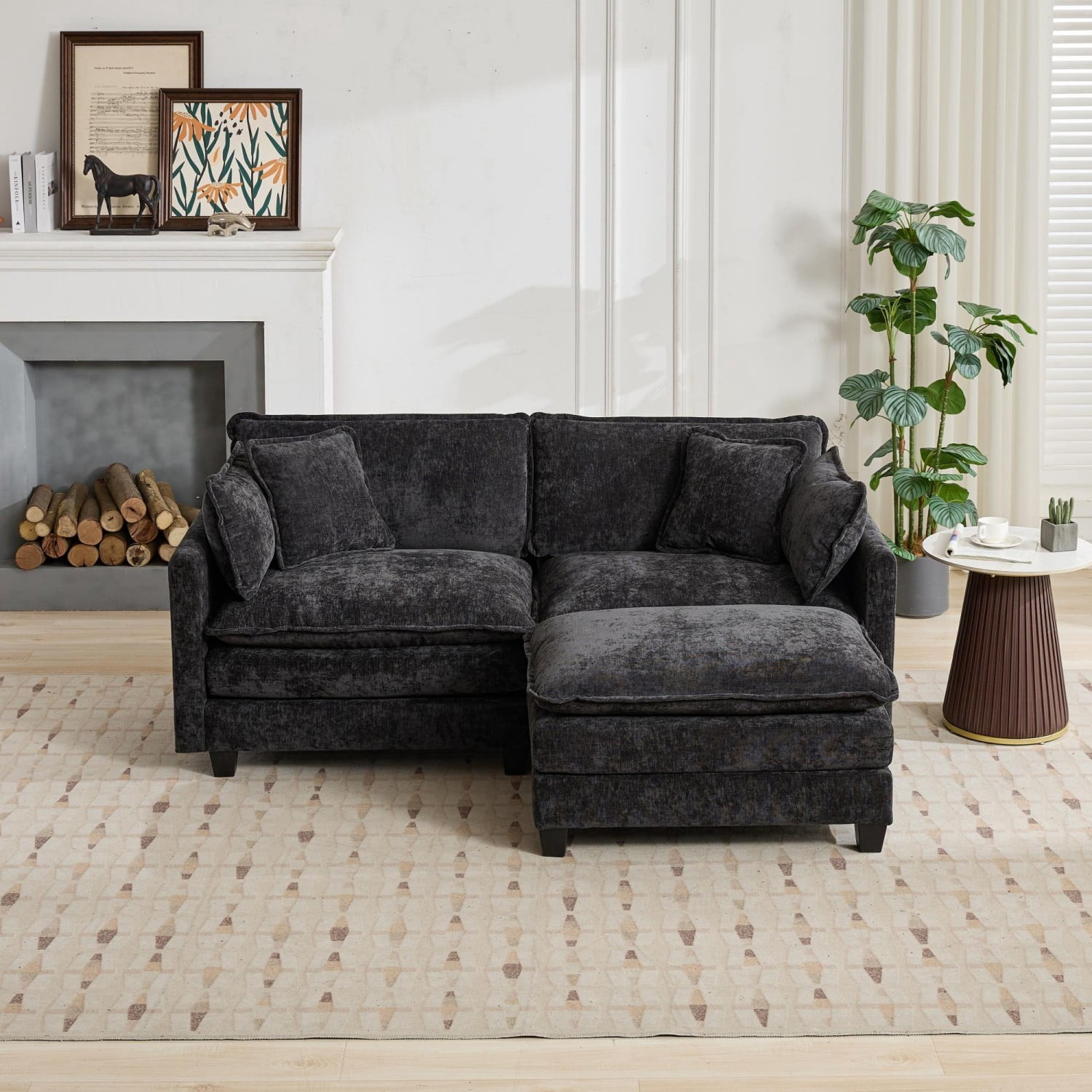 Cloud Sofa Ottoman, Modular Oversized Ottoman for Sectional Couch, Chenille Upholstered Footrest Stool for Living Room, Bedroom, Apartment, Black