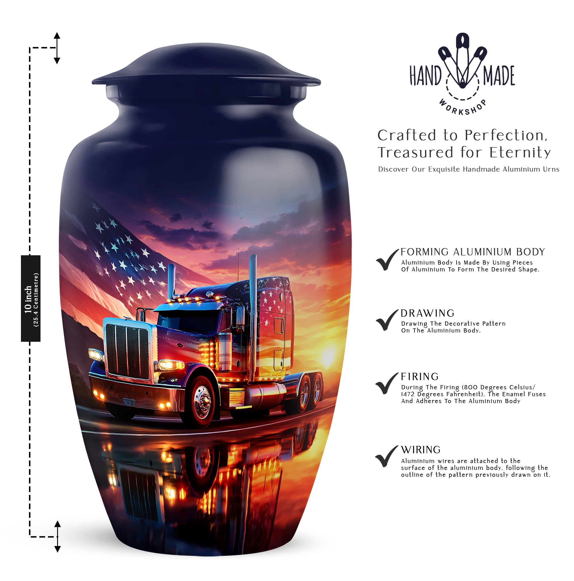 American Flag Sunset Truck Urns, Keepsake Mini Urn For Ashes Adult Male , Cremation Urn For Human Ashes, Funeral Memorial Urn For Ash (Size 10 Inch 1 Pcs & Size 3 Inch, 2 Pcs)