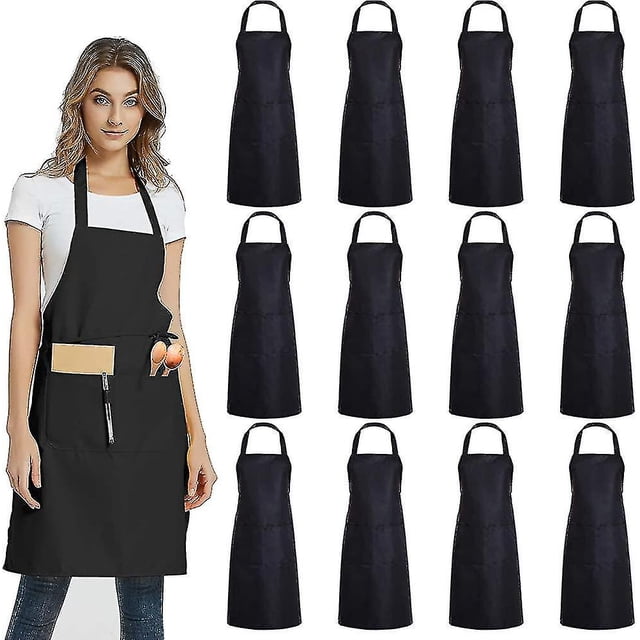 Paquete de 12 delantales lisos con pechera y 2 bolsillos - Delantal comercial unisex negro a granel kaili Sencillez