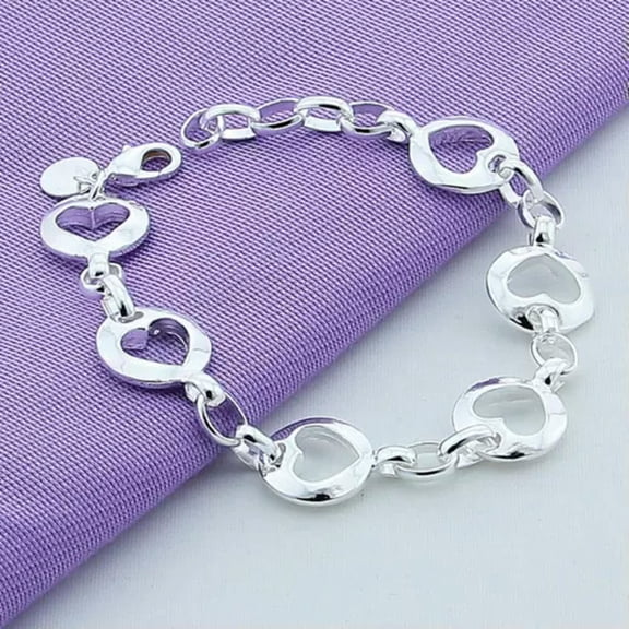 GKNET 925 Sterling Silver Heart Bracelet Wedding Ladies Heart Bracelet Charms-20cm
