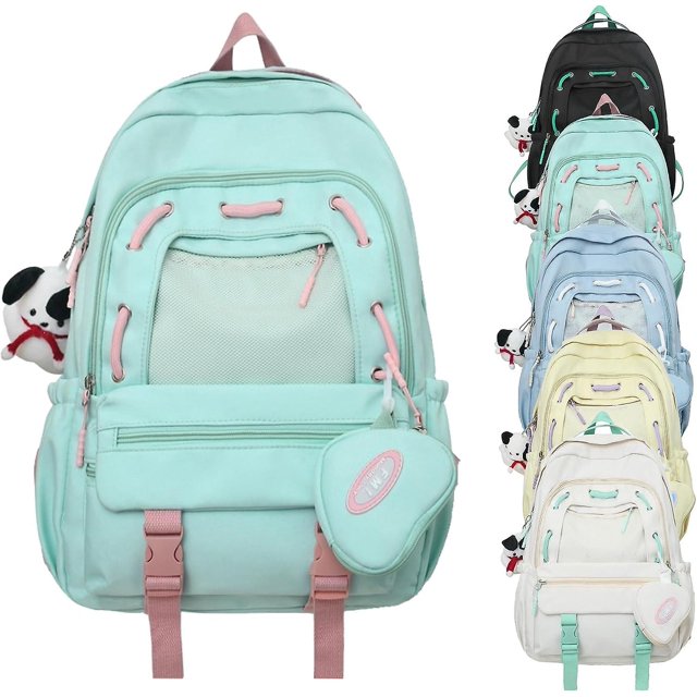 Mochila Kawaii con lindos accesorios Mochila de gran capacidad Bolsa de viaje elegante unisex Mochila ligera-verde