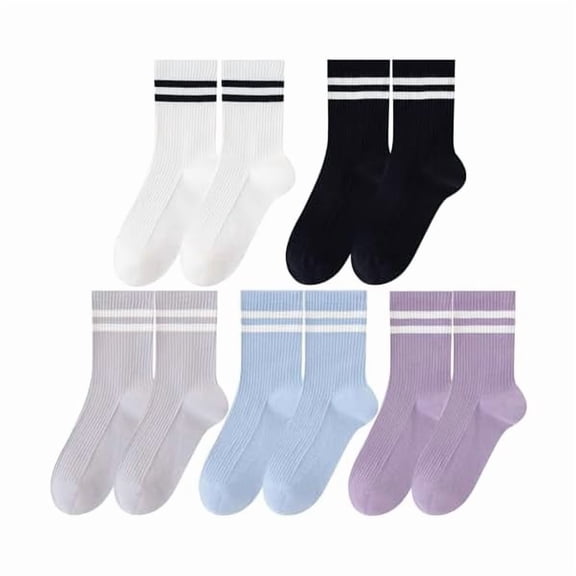 Eryueer 5 Pairs Solid Color Two Stripe Crew Socks Casual Athletic Socks for women Girls