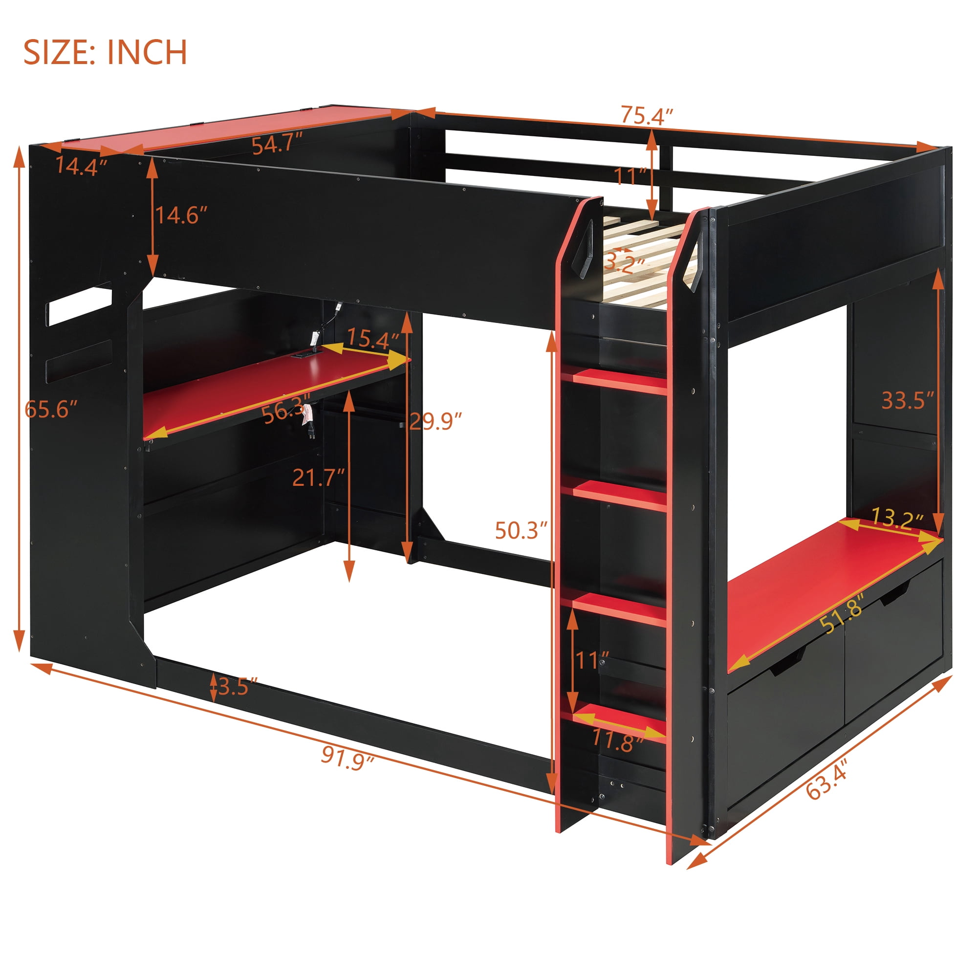 Aukfa Full Size Gamer Loft Bed with Adjustable Desk, RGB LED Lights, Drawers, Charging Station, Storage Compartments & Clothes Hanging Rod, Wooden Esports Bed, Red