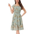 thumbnail image 1 of Vestido Midi de Invitada de Boda para Mujer INSPIRE CHIC con Cuello Cuadrado, Mangas de Volante y Estampado Floral en Verde Guisante Talla L, 1 of 5