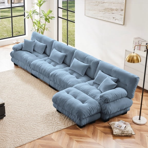 Modern Simple Chenille Fabric L-Shaped Sofa 220cm with Convertible Ottoman