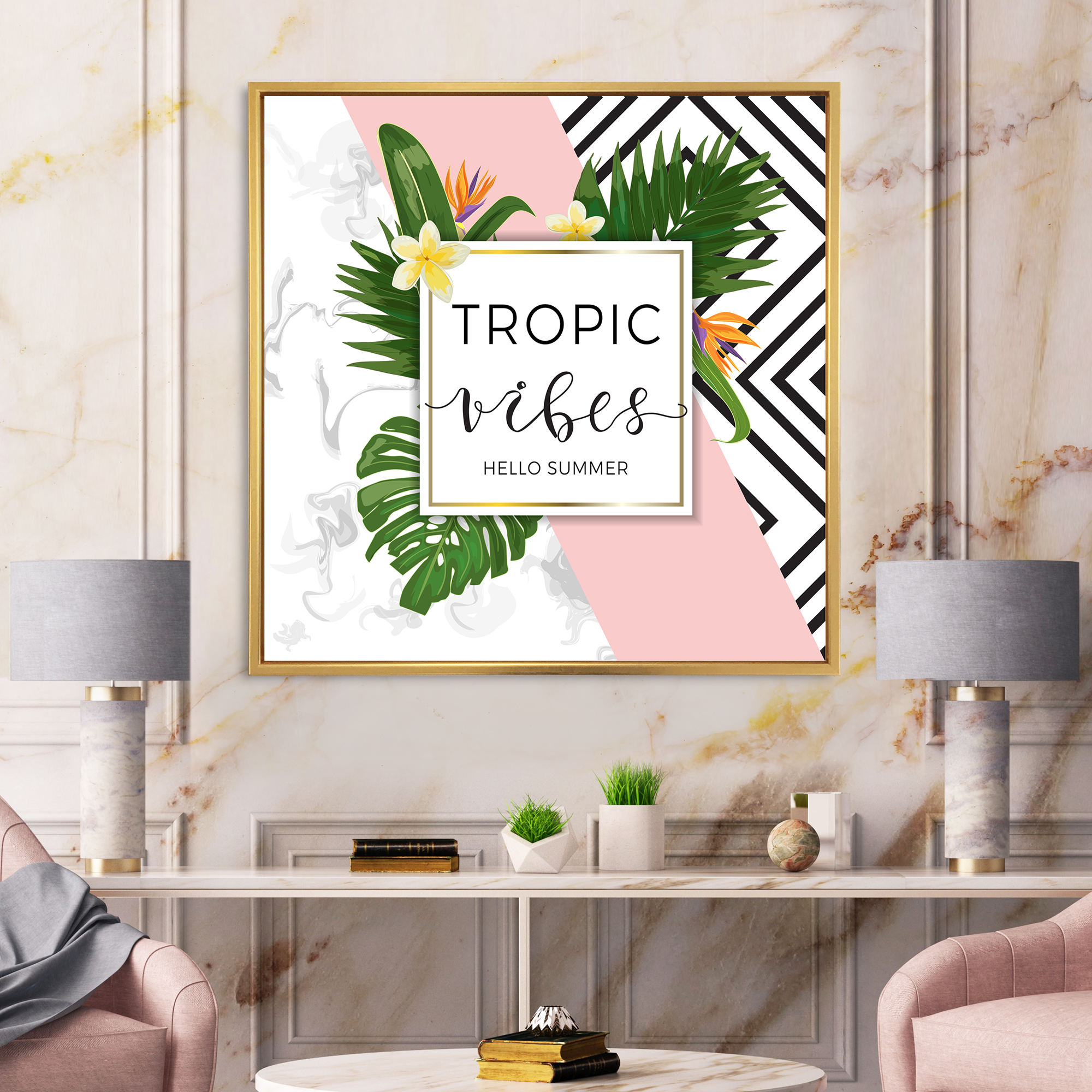 Geometrics Tropic VIbes On Triangular 36 in x 36 in Framed Painting Canvas Art Print, by Designart