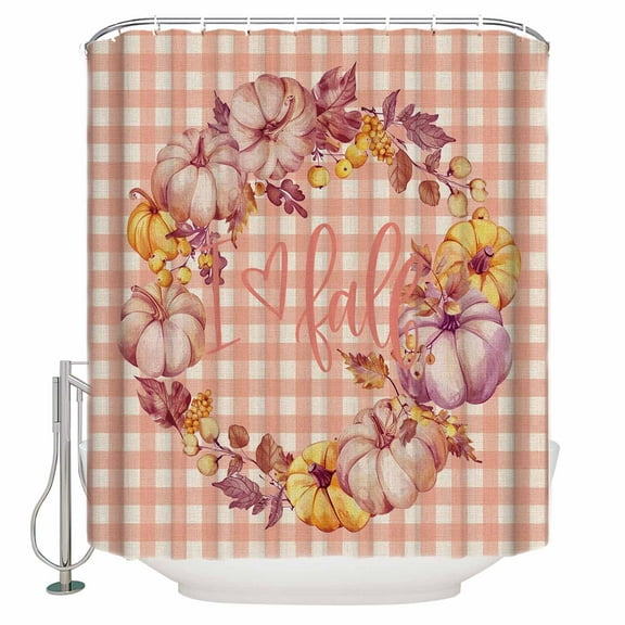 Fabric Shower Curtain Fall Thanksgiving Pumpkin Leaves Berries Pink Plaid Linen Shower Curtains with 12 Hooks Waterproof Machine Washable Bath Curtains for Bathroom, 36 x 78in