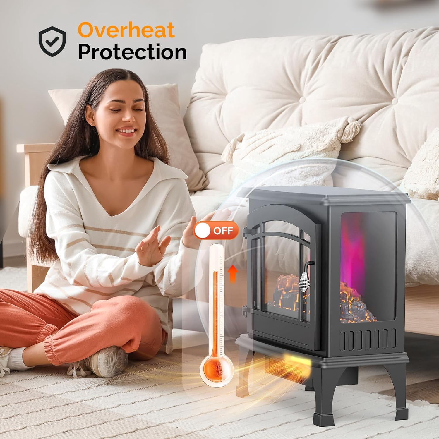 VINGLI Electric Fireplace Stove, 23''W Freestanding Heater with Remote, Timer, Realistic Flame Effect, Adjustable Temperature, Overheat & Tip-Over Protections for Bedroom Living Room, 1400W