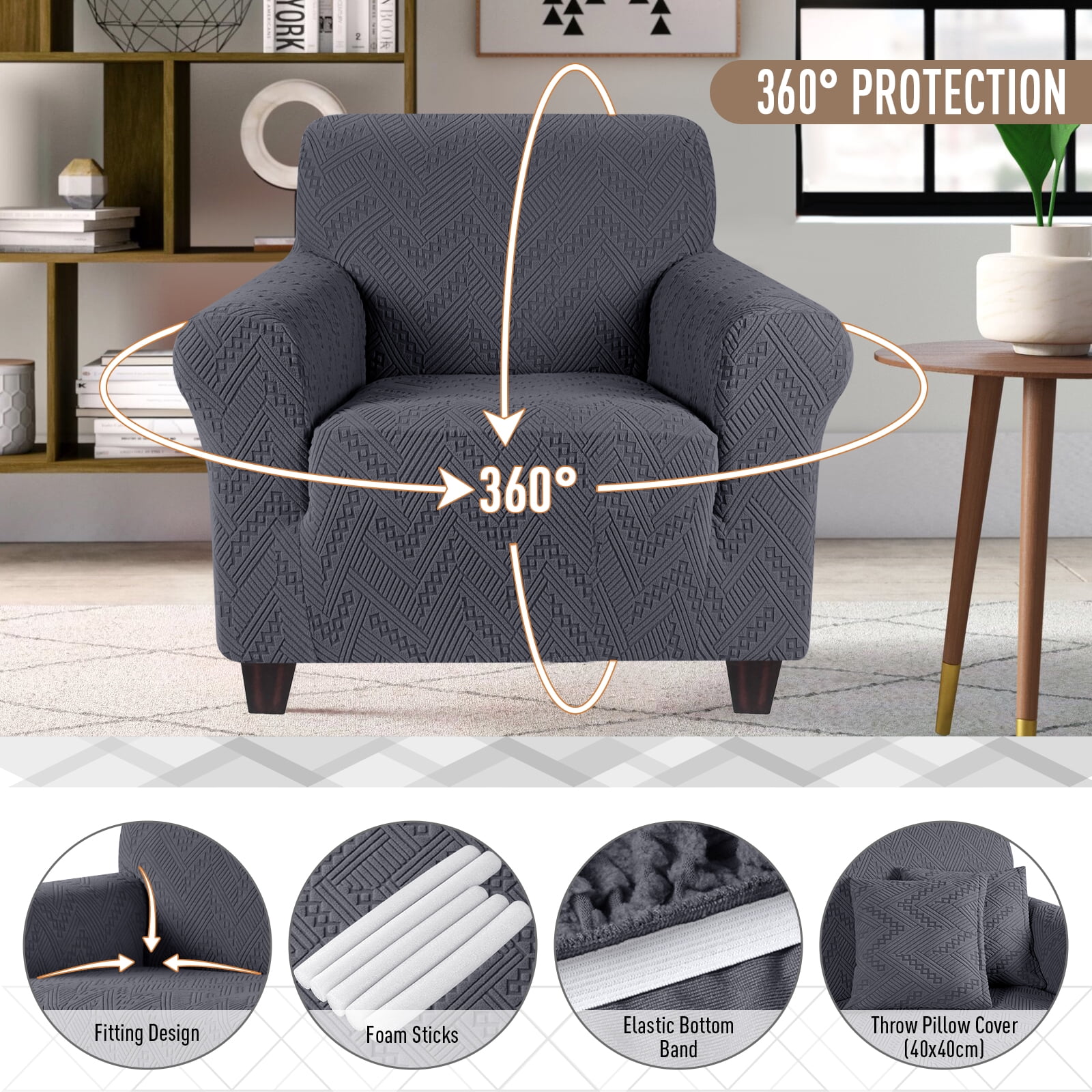 Timeles 1 Piece Stretch Sofa Slipcover Non Slip Armchair Cover Soft Jacquard Couch Cover Washable Furniture Protector with 1 Throw Pillow Cover (1 Seater, Dark Gray)