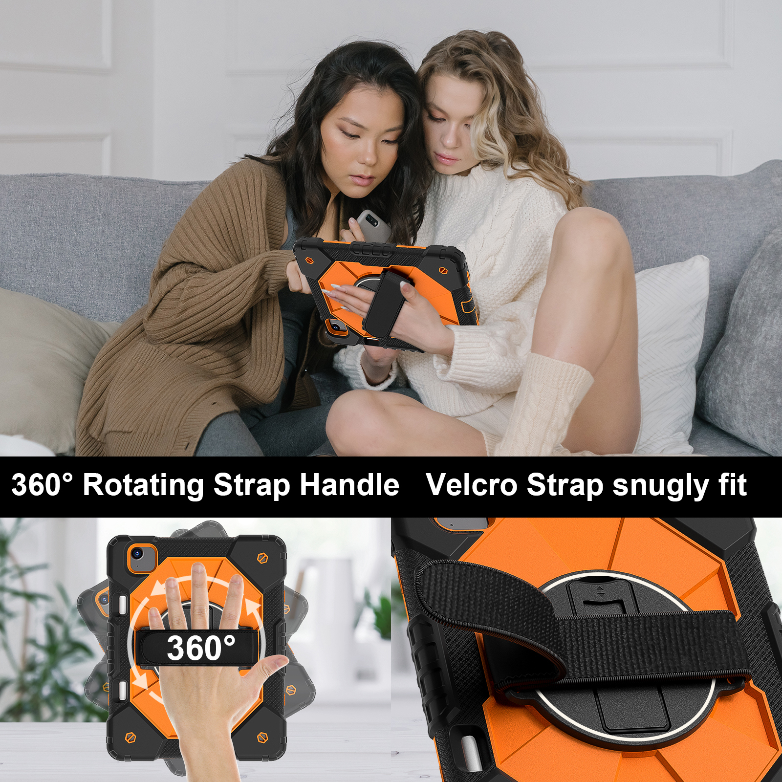 for iPad Air 13 inch (M2) 2024 Case, Military Grade Heavy Duty Silicone Protection Cover with Pencil Holder + 360 Rotating Stand + Wrist Handle Rugged Cover for iPad Air 13" 2024, Black+Orange