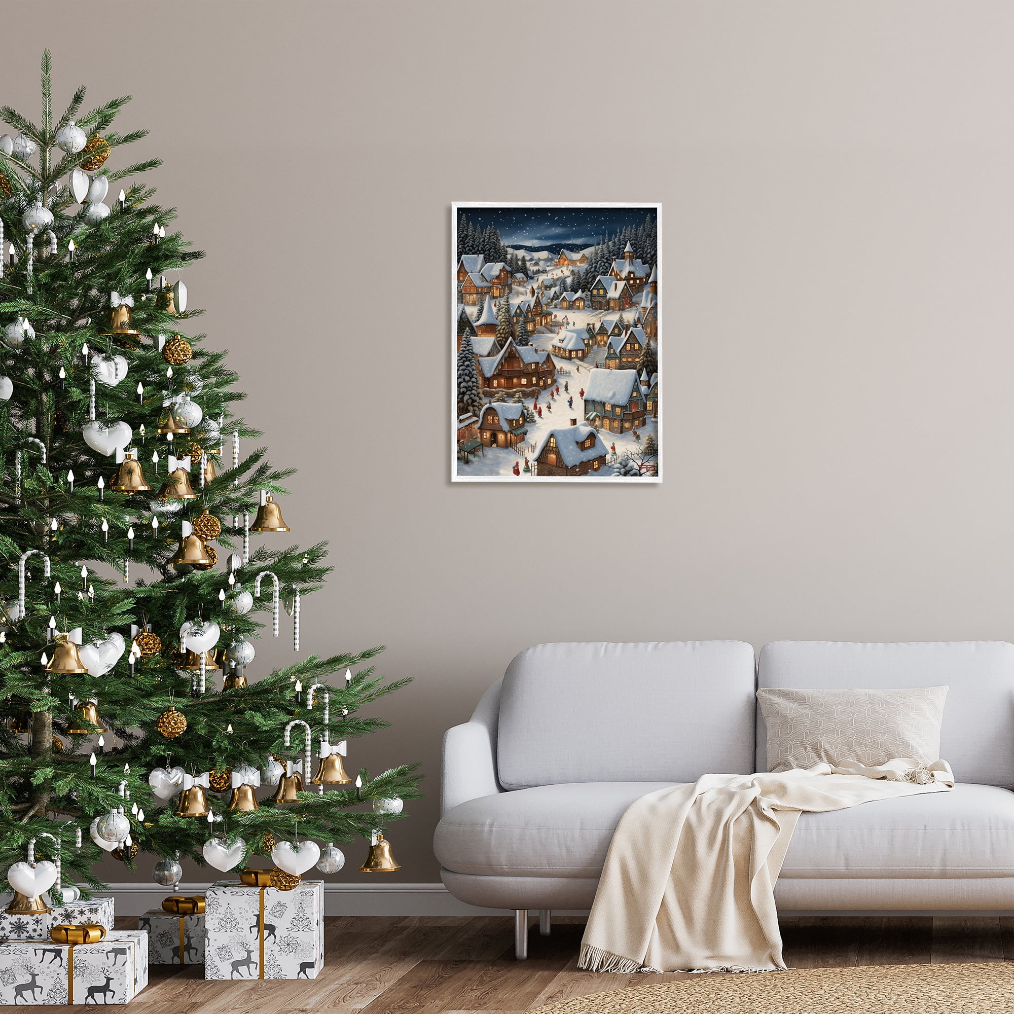 Stupell Industries Snowy Christmas Village Holiday Painting White Framed Art Print Wall Art, 24 x 30