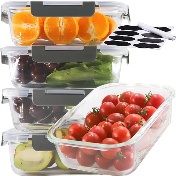5 Pack 30 oz Glass Meal Prep Containers, Glass Storage Containers with Lids - Dishwasher, Microwave, Oven and Freezer Safe for Kitchen Organization & Food Storage come with free labels&marker pen