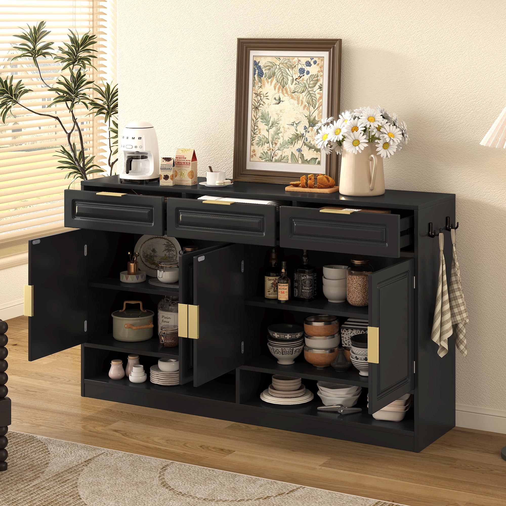 Aukfa 59.1" Sideboard Buffet Cabinet,Large Storage Cabinet with 3 Drawers & Adjustable Shelf,Black