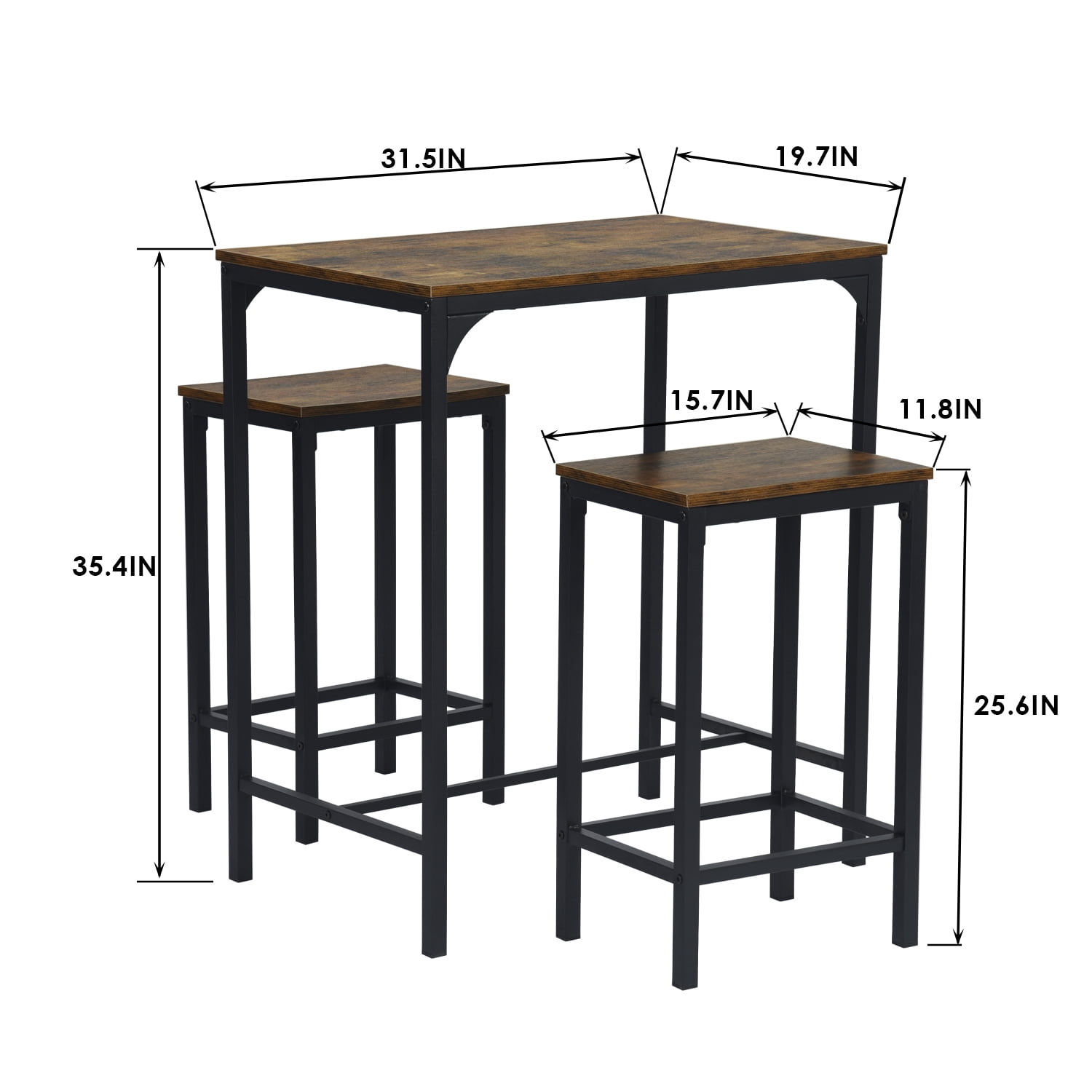 Homy Casa 35.4" Bar Table with 2 Stools, 3-Piece Set, Brown, Perfect for Small Spaces and Home Bars