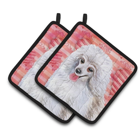 Medium White Poodle Love Pair of Pot Holders