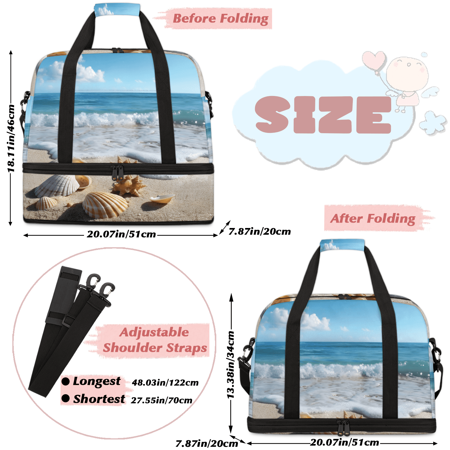 Herdesigns Beach Seashell Starfish Foldable Travel Duffel Bag with Shoe Compartment, Weekend Overnight Carry On Bags for Men Women, Large Sports Gym Luggage