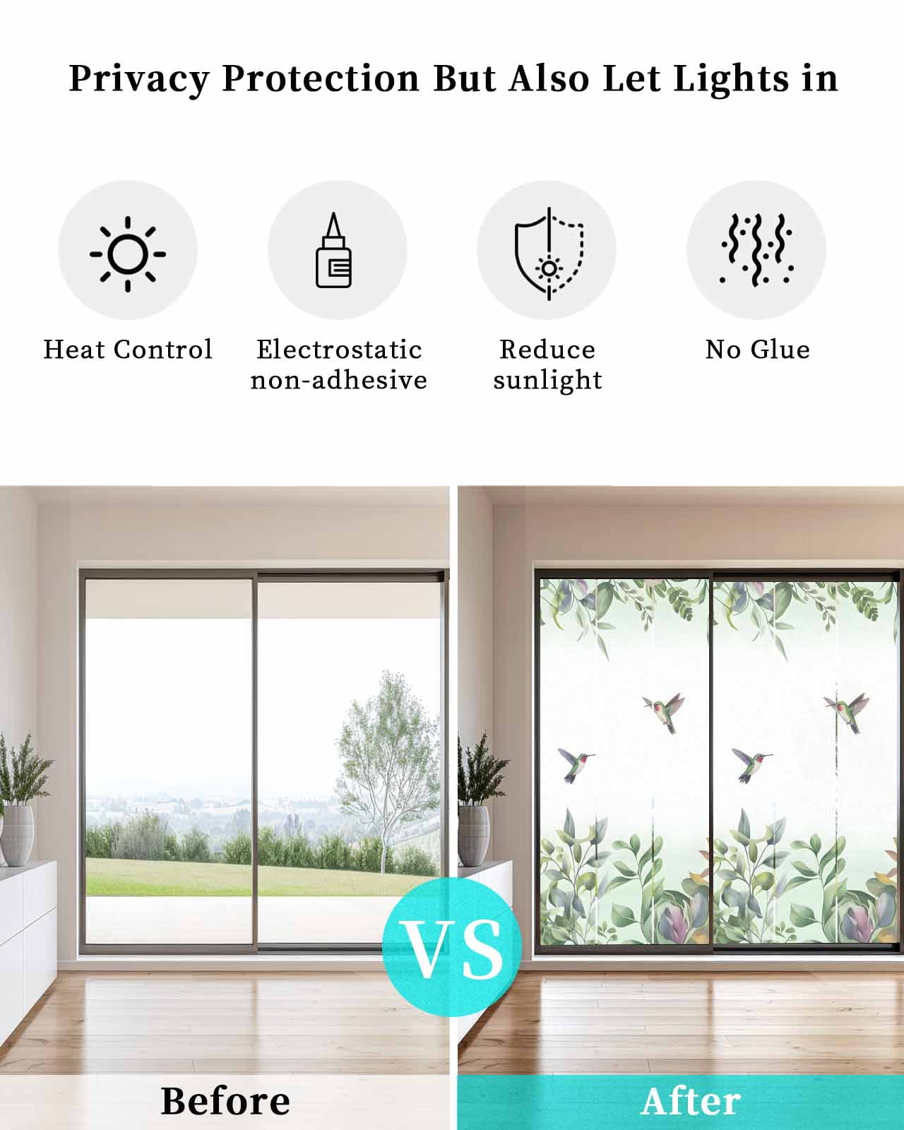 Window Privacy Film Leaf Bird Stained Glass Window Film Decorative Sun Block Window Cover Sage Greeen Botanical Watercolor Plant Window Clings Static Adhesive Sticker for Bathroom 23.6"x59"