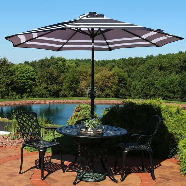 Sunnydaze 9 Foot Outdoor Patio Umbrella With Solar Lights Tilt Crank Led Navy Blue Stripe Walmart Com Walmart Com